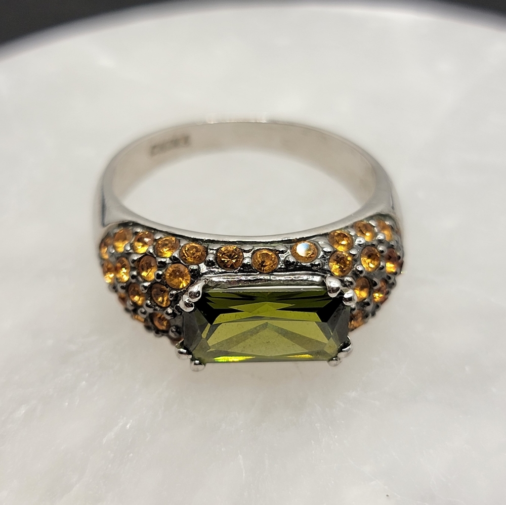 Cocktail Ring Rhinestone and Simulated Peridot Green Gemstone Signed China